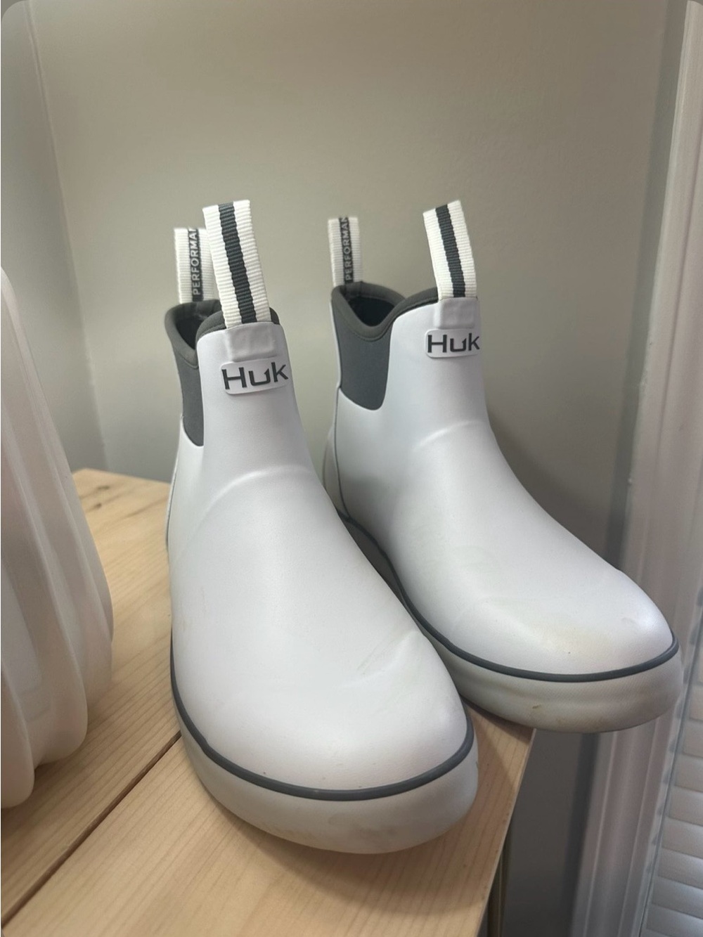 Huk White and Gray Waterproof Slip-On Chelsea Booties